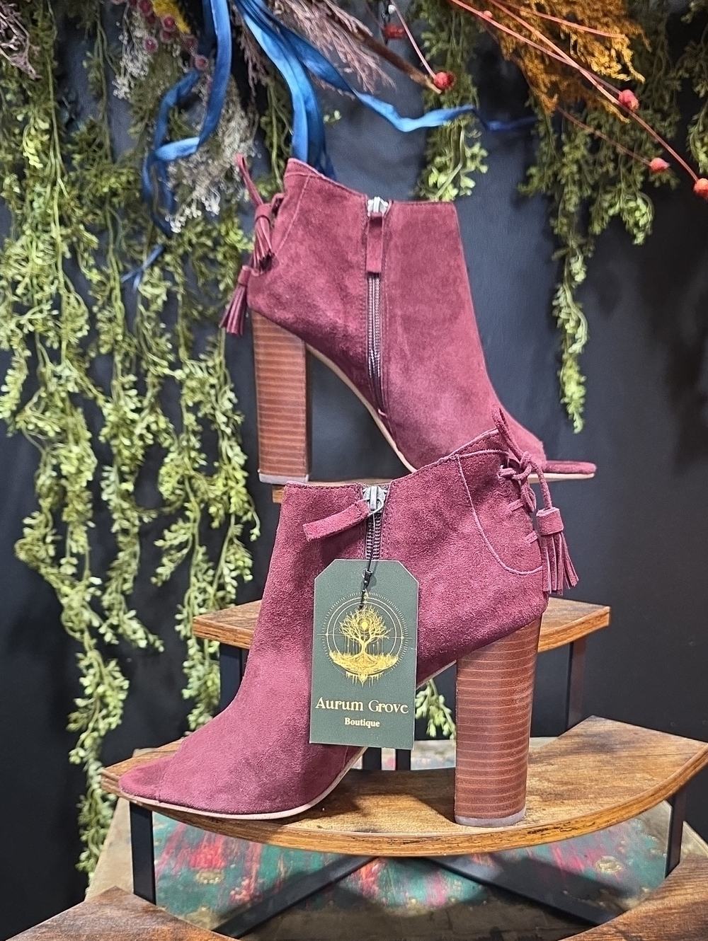 Halogen Burgundy Suede Peep-Toe Tassel Ankle Boots